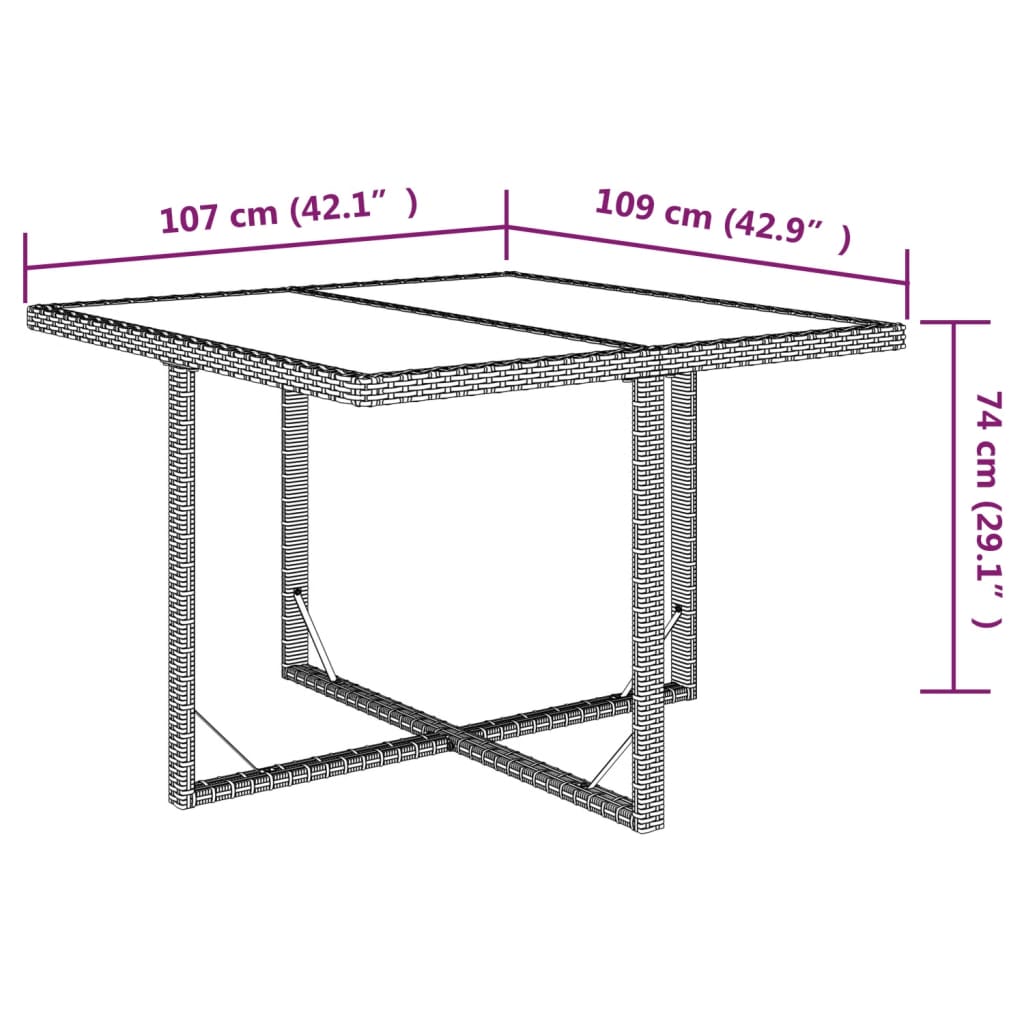 havebord 109x107x74 cm polyrattan og glas beige