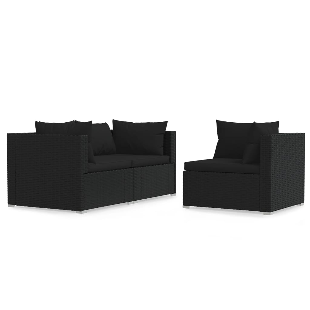 loungesæt til haven 3 dele med hynder polyrattan sort