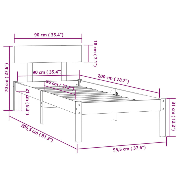 sengestel 90x200 cm massivt fyrretræ hvid
