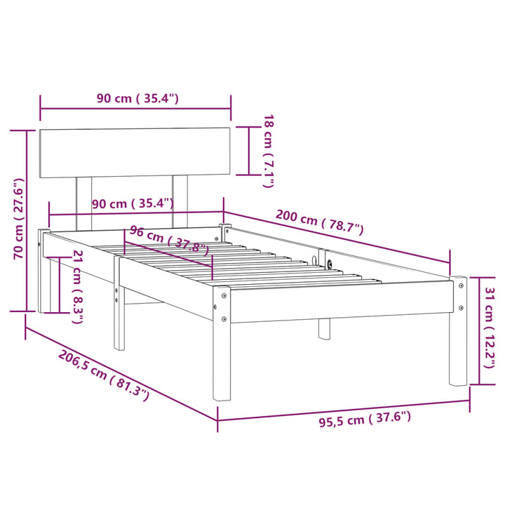 sengestel 90x200 cm massivt fyrretræ sort