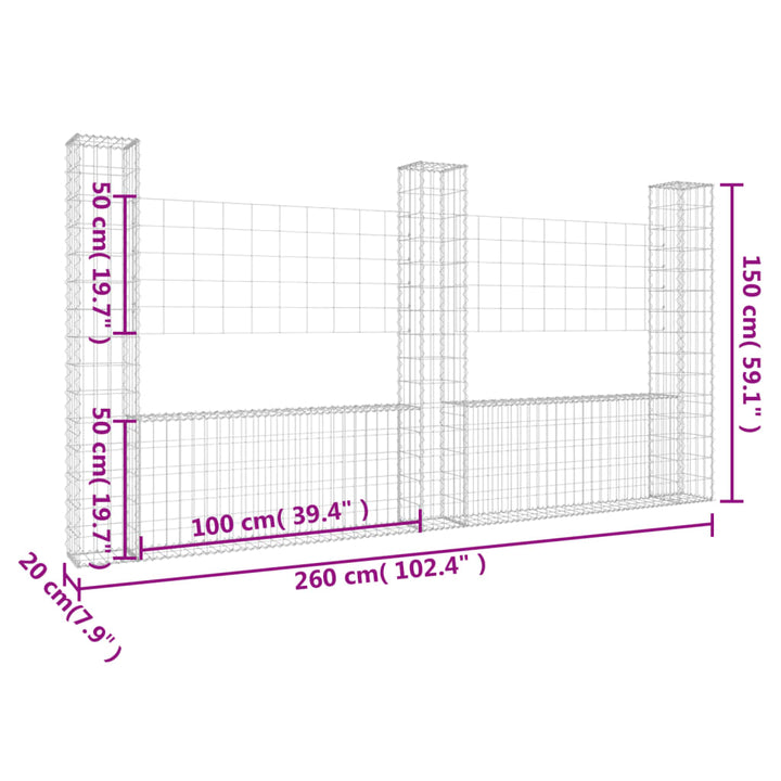 gabionkurv med 3 stolper 260x20x150 cm U-facon jern