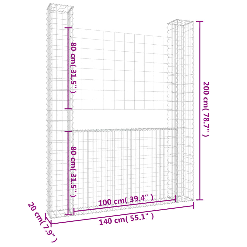 gabionkurv med 2 stolper 140x20x200 cm U-facon jern