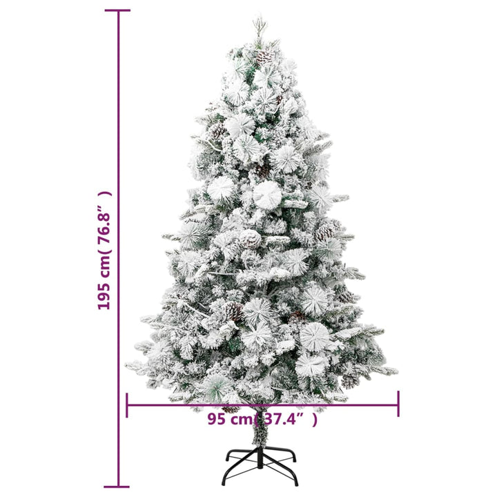 juletræ med sne + lys og grankogler 195 cm PVC og PE