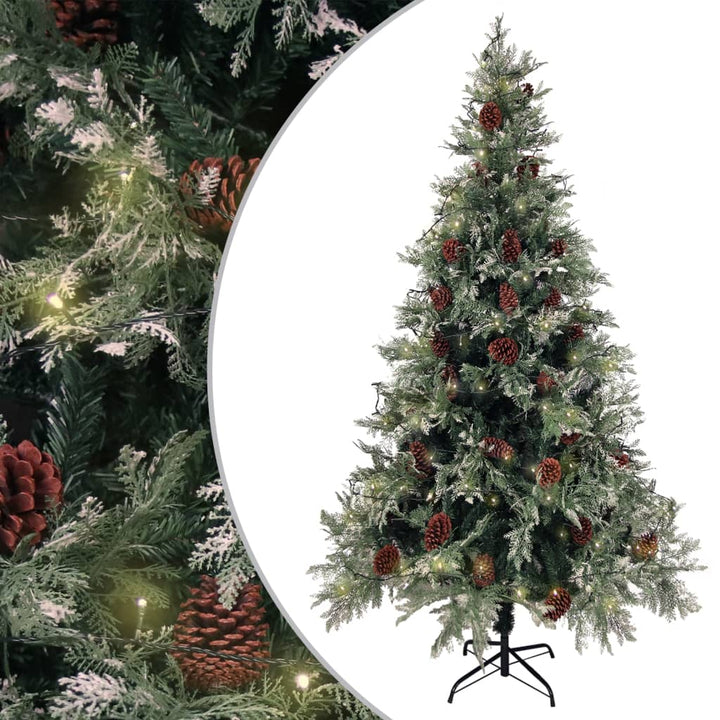 juletræ med grankogler og lys PVC og PE 195 cm grøn og hvid