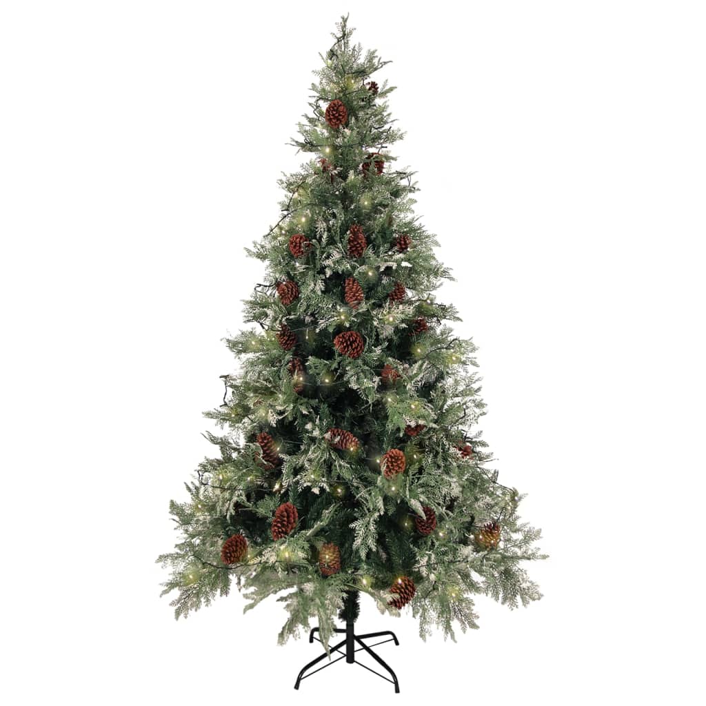 juletræ med grankogler og lys PVC og PE 195 cm grøn og hvid