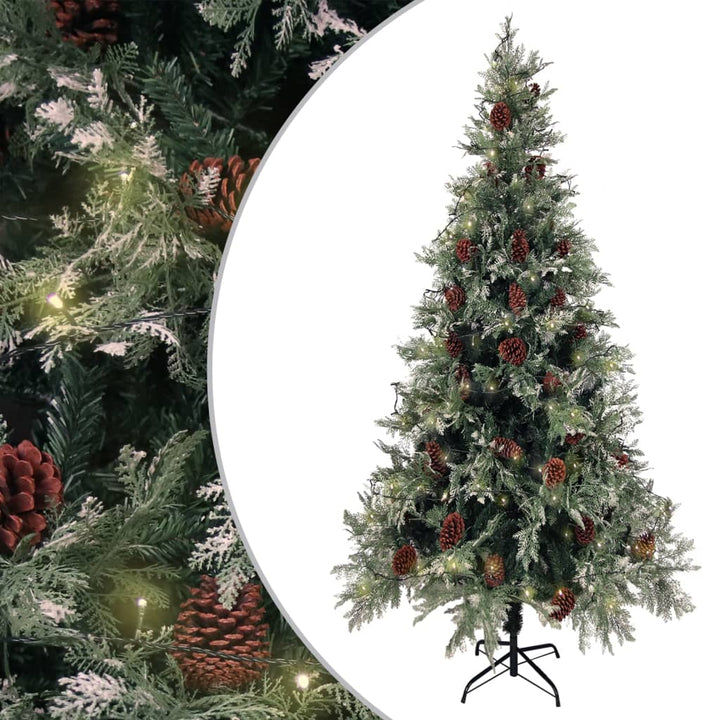 juletræ med grankogler og lys PVC og PE 225 cm grøn og hvid