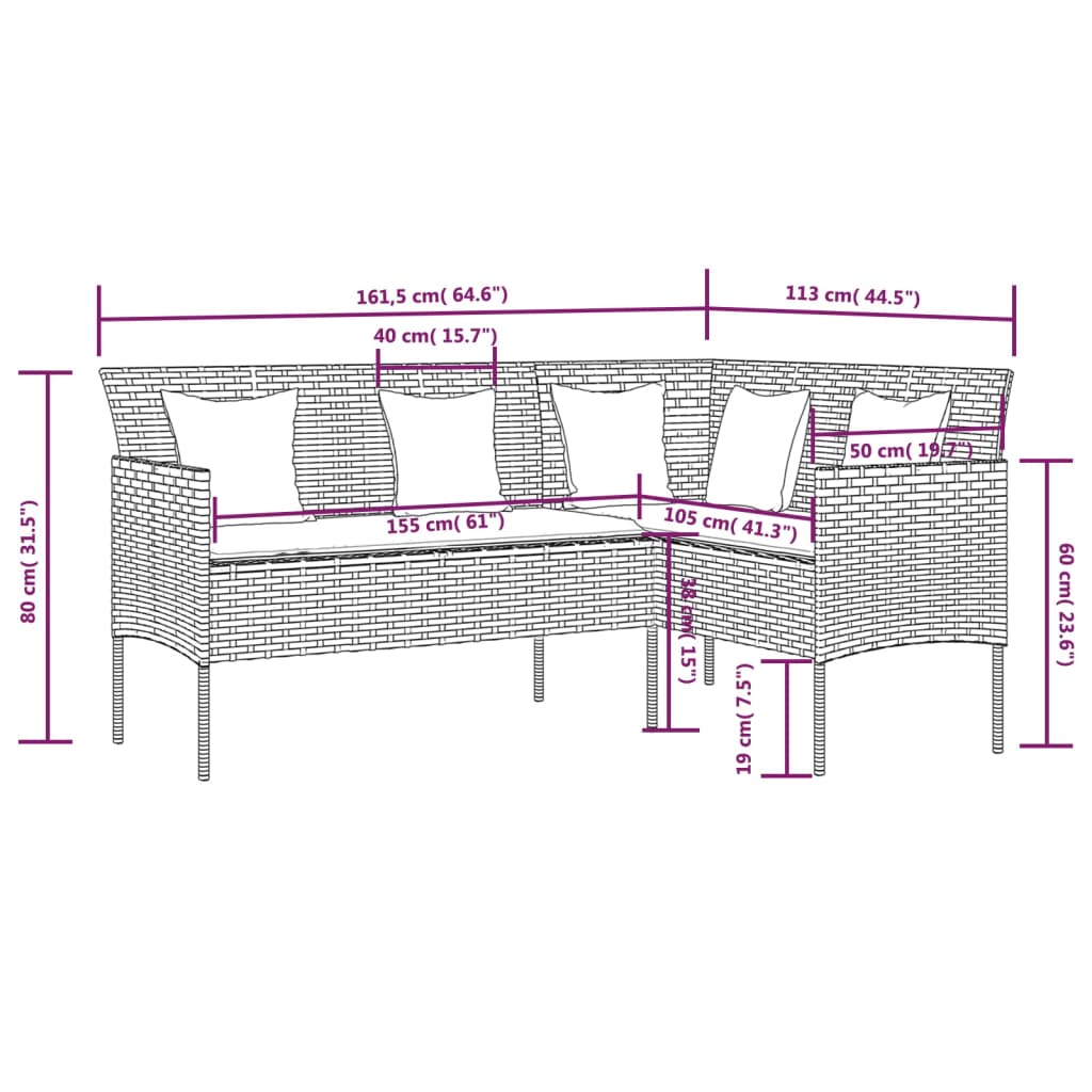 L-formet sofa med hynder polyrattan grå