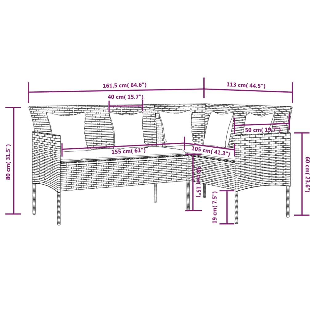 L-formet sofa med hynder polyrattan brun