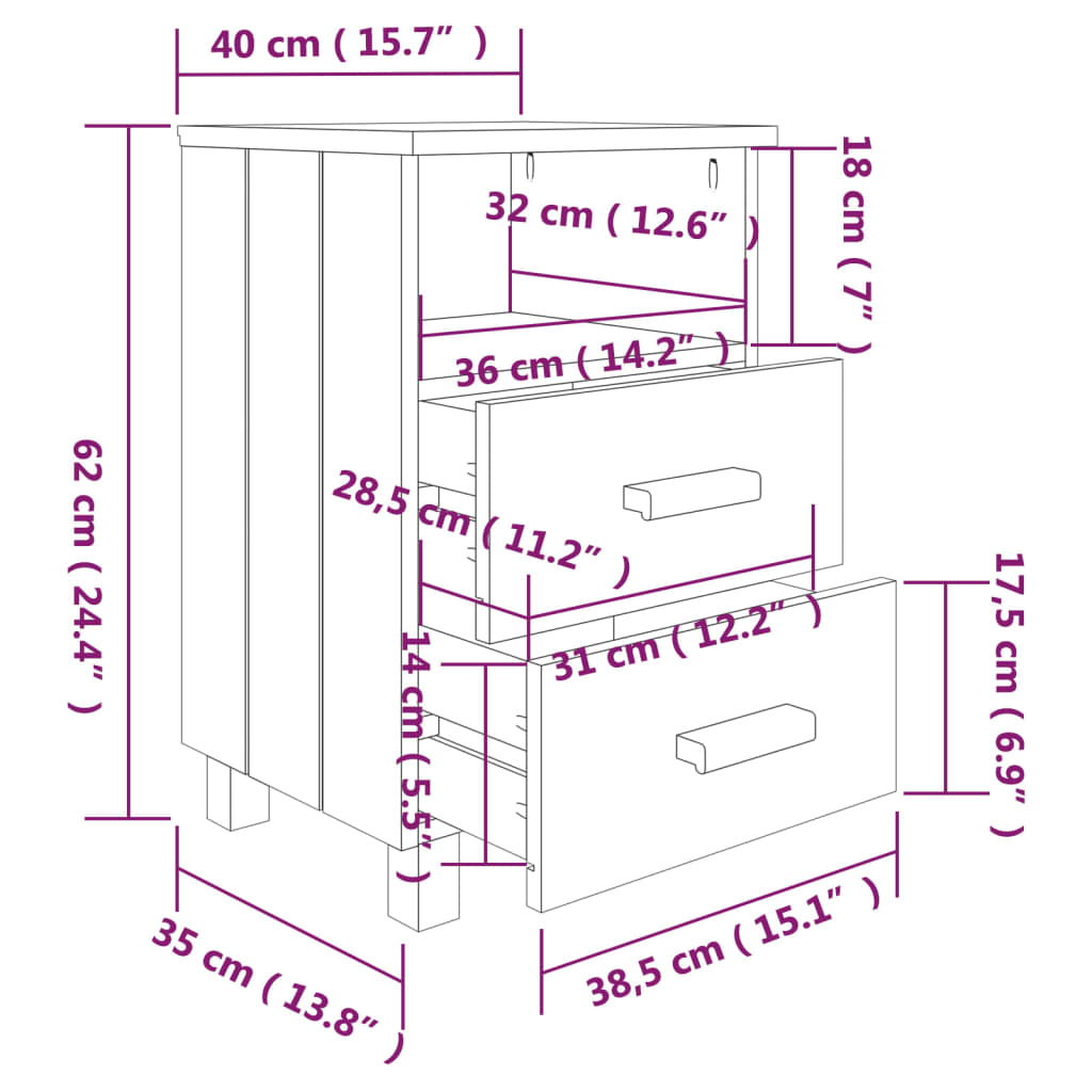sengeskab HAMAR 2 stk. 40x35x62 cm massivt fyrretræ hvid