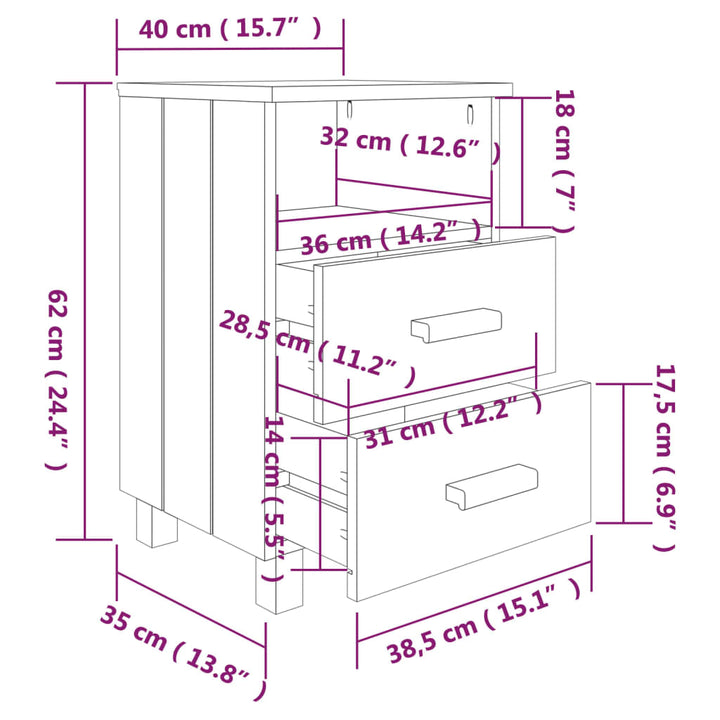 sengeskab HAMAR 2 stk. 40x35x62 cm massivt fyrretræ hvid