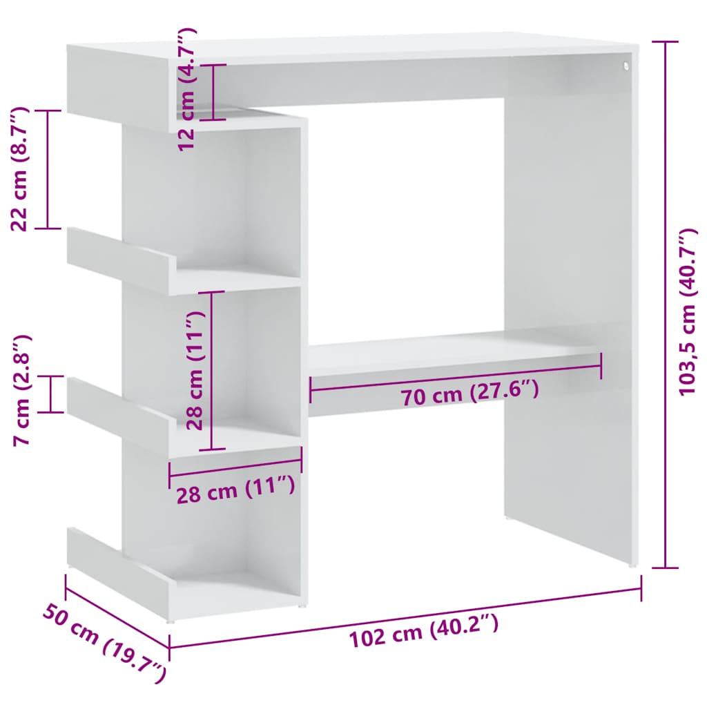 barbord med opbevaringsstativ 100x50x101,5 cm hvid højglans