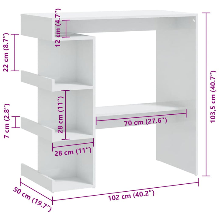 barbord med opbevaringsstativ 100x50x101,5 cm hvid højglans