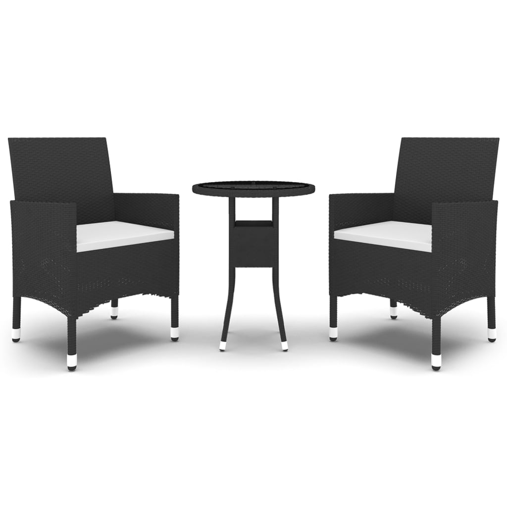 bistrosæt til haven 3 dele polyrattan og hærdet glas sort