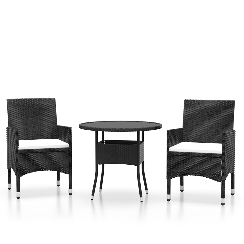 bistrosæt til haven 3 dele polyrattan og hærdet glas sort