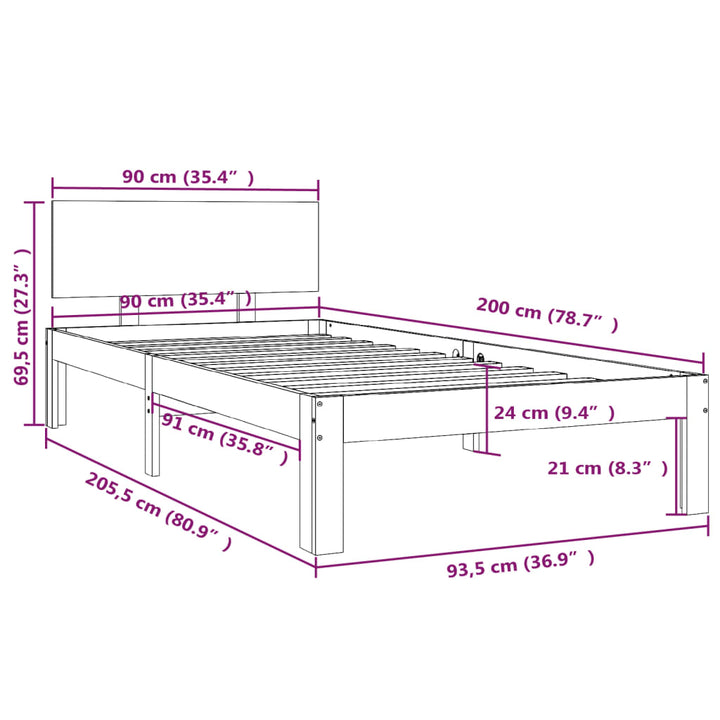 sengestel 90x200 cm massivt fyrretræ hvid