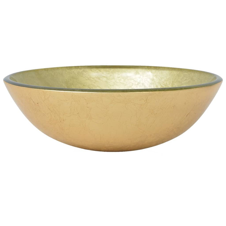håndvask til badeværelse m. hane og bundventil hærdet glas guld