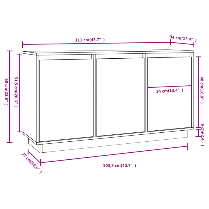 skænk 111x34x60 cm massivt fyrretræ hvid