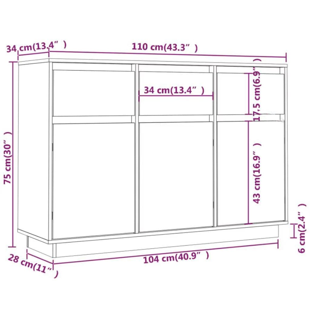 skænk 110x34x75 cm massivt fyrretræ hvid