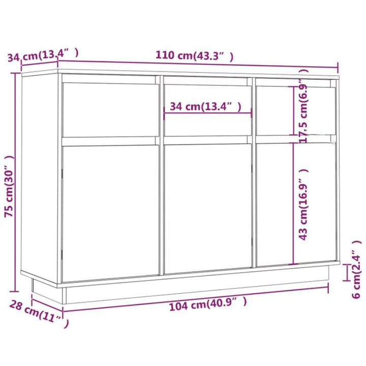 skænk 110x34x75 cm massivt fyrretræ hvid