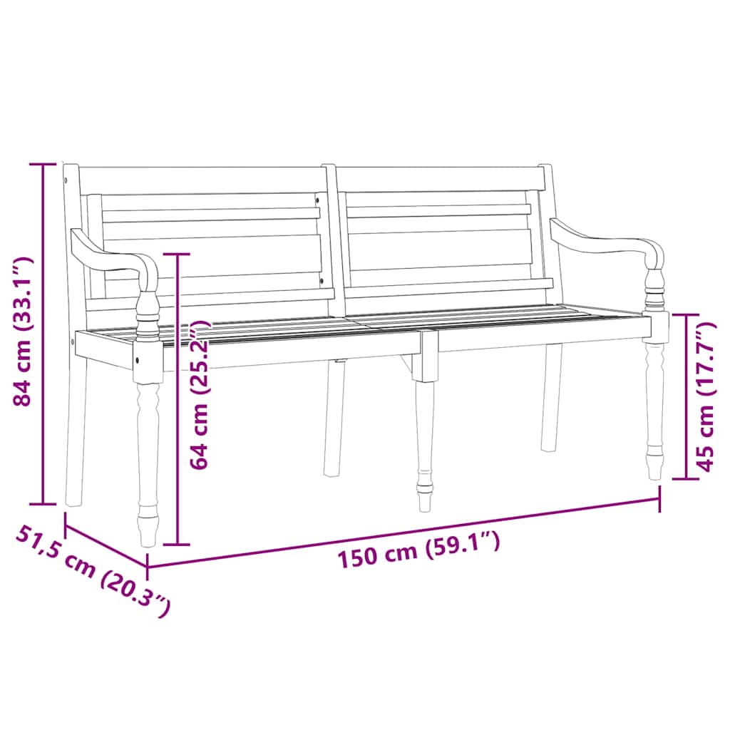 Batavia-bænk 150 cm massivt teaktræ