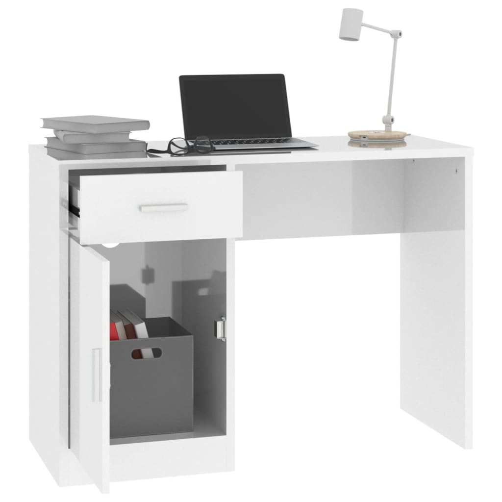 skrivebord m. skab 100x40x73 cm konstrueret træ hvid højglans
