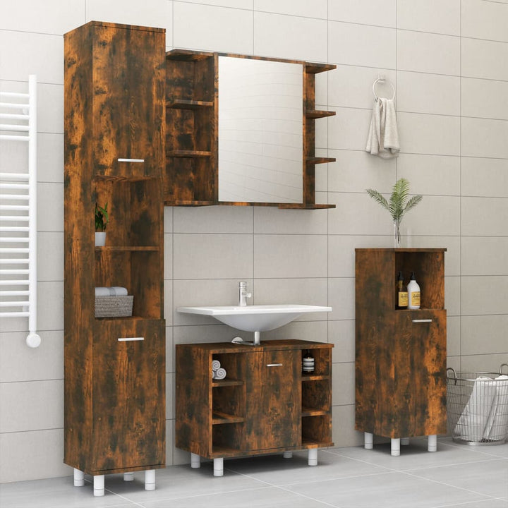 badeværelsesskab + spejl 80x20,5x64 cm konstrueret træ røget eg