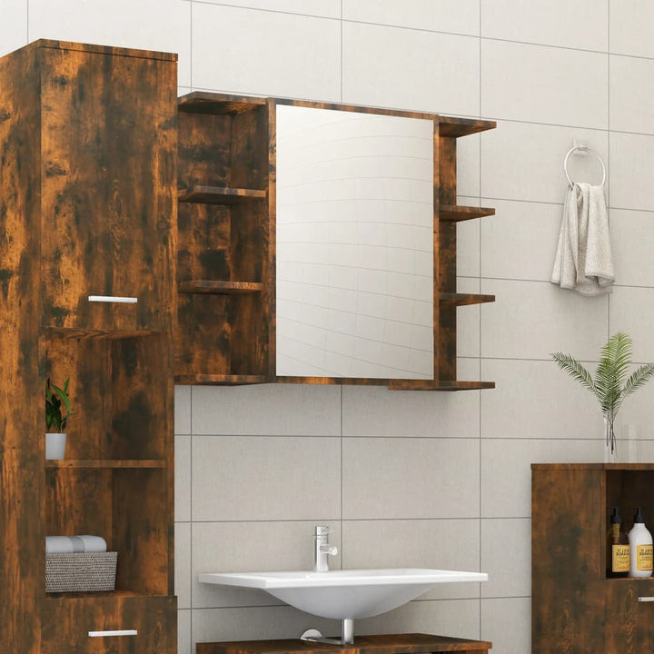 badeværelsesskab + spejl 80x20,5x64 cm konstrueret træ røget eg
