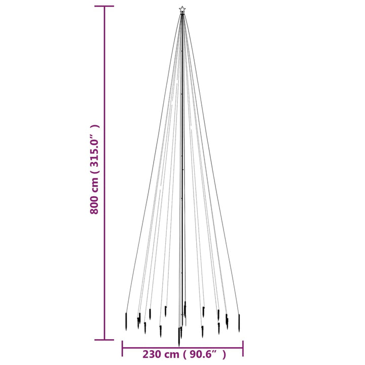 juletræ med spyd 1134 LED'er 800 cm farverigt lys