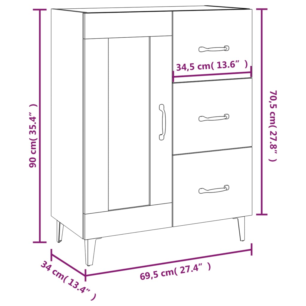 skænk 69,5x34x90 cm konstrueret træ betongrå