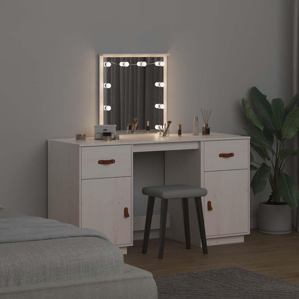makeupbordssæt med LED-lys massivt fyrretræ hvid