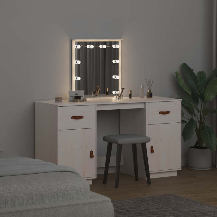 makeupbordssæt med LED-lys massivt fyrretræ hvid