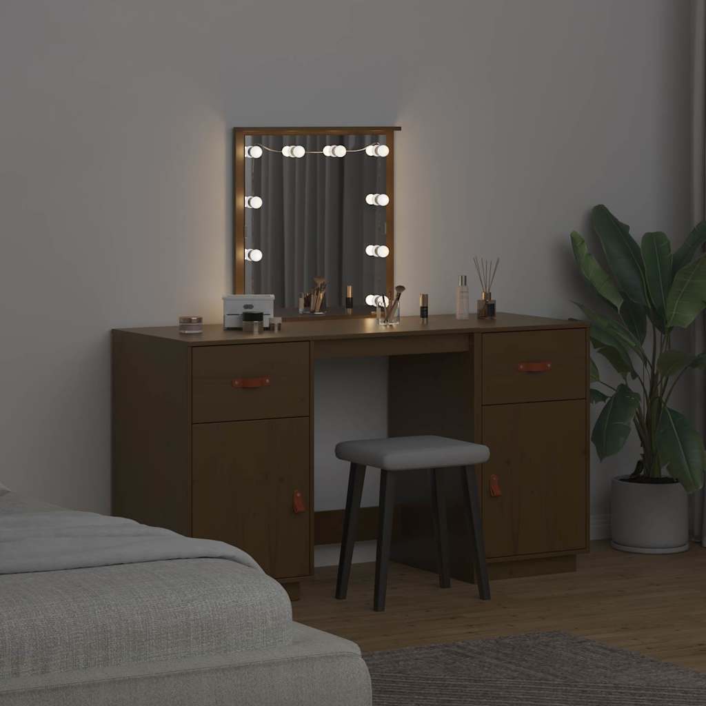 makeupbordssæt med LED-lys massivt fyrretræ gyldenbrun