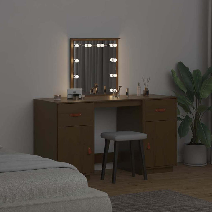 makeupbordssæt med LED-lys massivt fyrretræ gyldenbrun