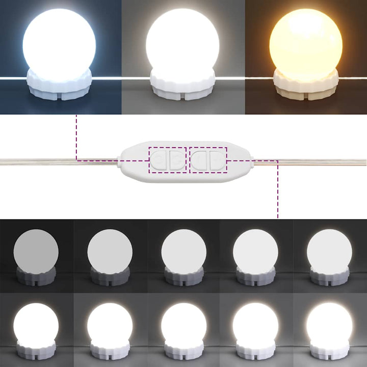 makeupbordssæt med LED-lys massivt fyrretræ gyldenbrun