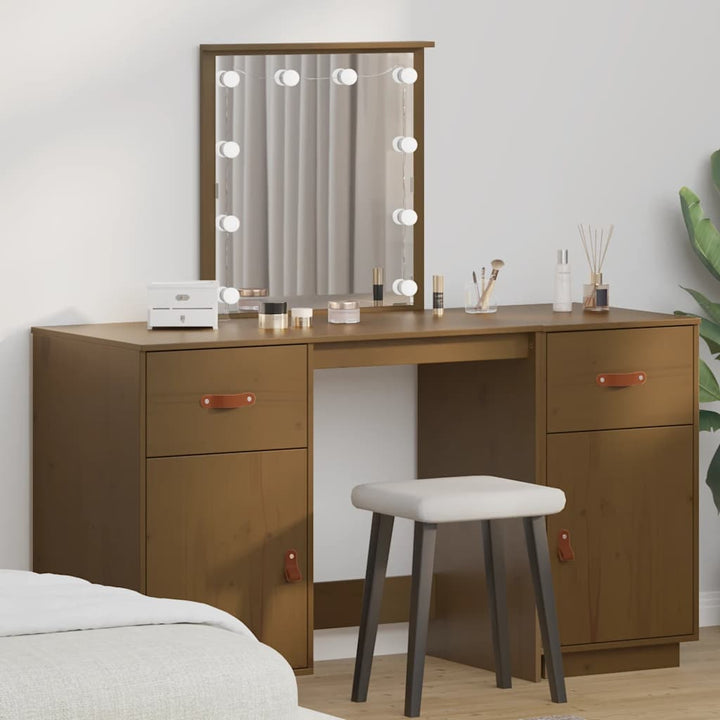 makeupbordssæt med LED-lys massivt fyrretræ gyldenbrun