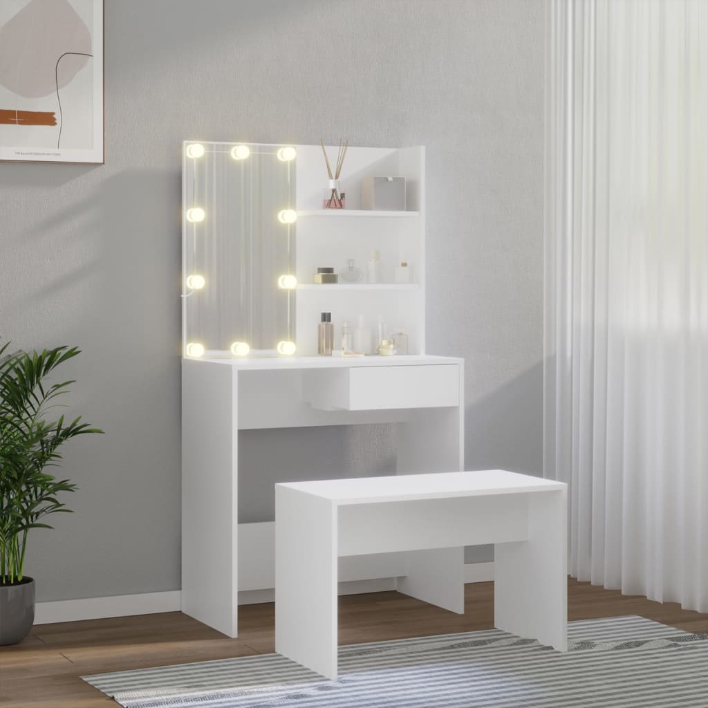 makeupbordssæt med LED-lys konstrueret træ hvid