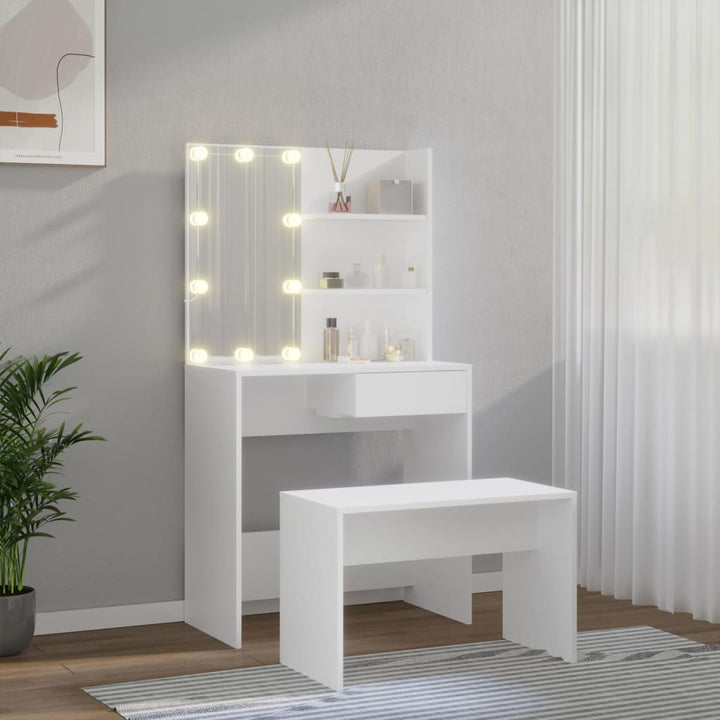 makeupbordssæt med LED-lys konstrueret træ hvid