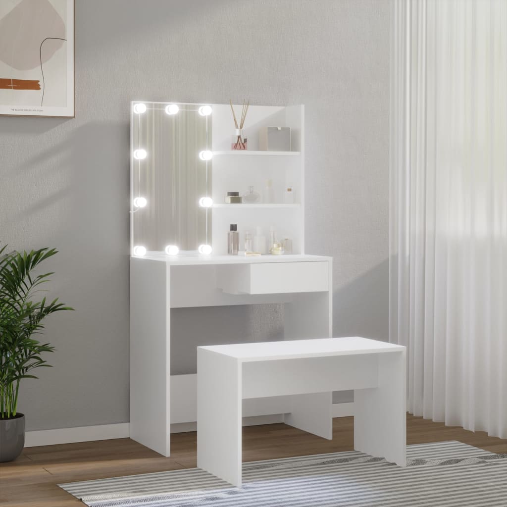 makeupbordssæt med LED-lys konstrueret træ hvid