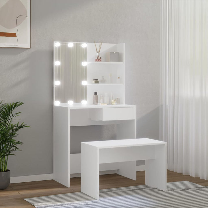 makeupbordssæt med LED-lys konstrueret træ hvid