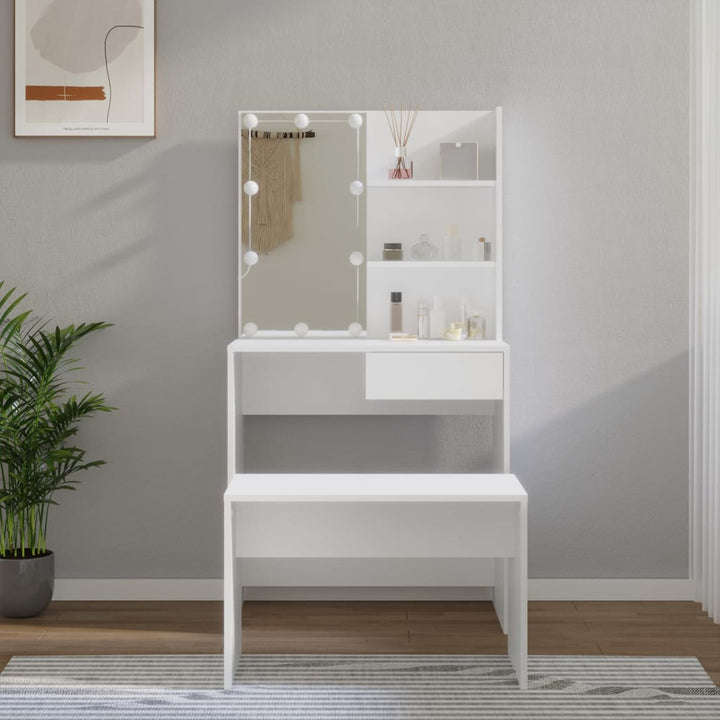 makeupbordssæt med LED-lys konstrueret træ hvid