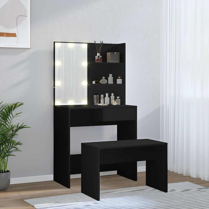 makeupbordssæt med LED-lys konstrueret træ sort