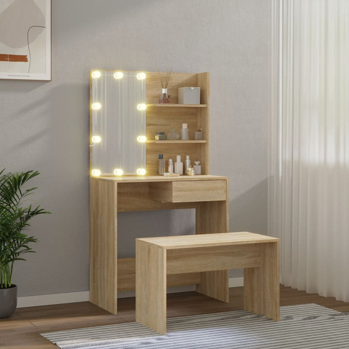 makeupbordssæt med LED-lys konstrueret træ sonoma-eg