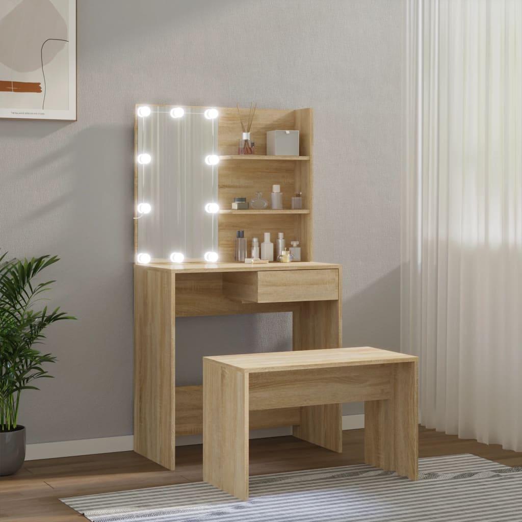 makeupbordssæt med LED-lys konstrueret træ sonoma-eg