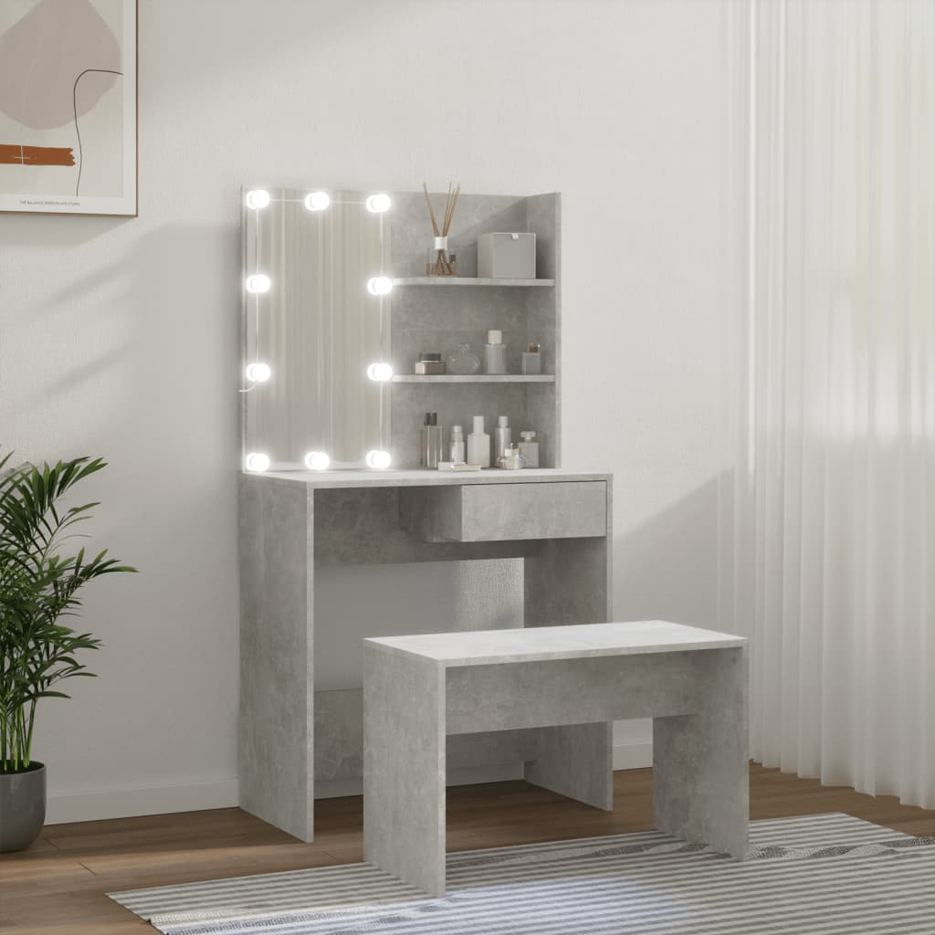 makeupbordssæt med LED-lys konstrueret træ betongrå