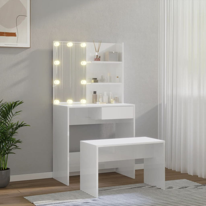 makeupbordssæt med LED-lys konstrueret træ hvid højglans