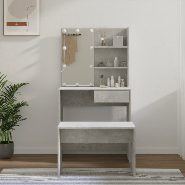 makeupbordssæt med LED-lys konstrueret træ hvid højglans