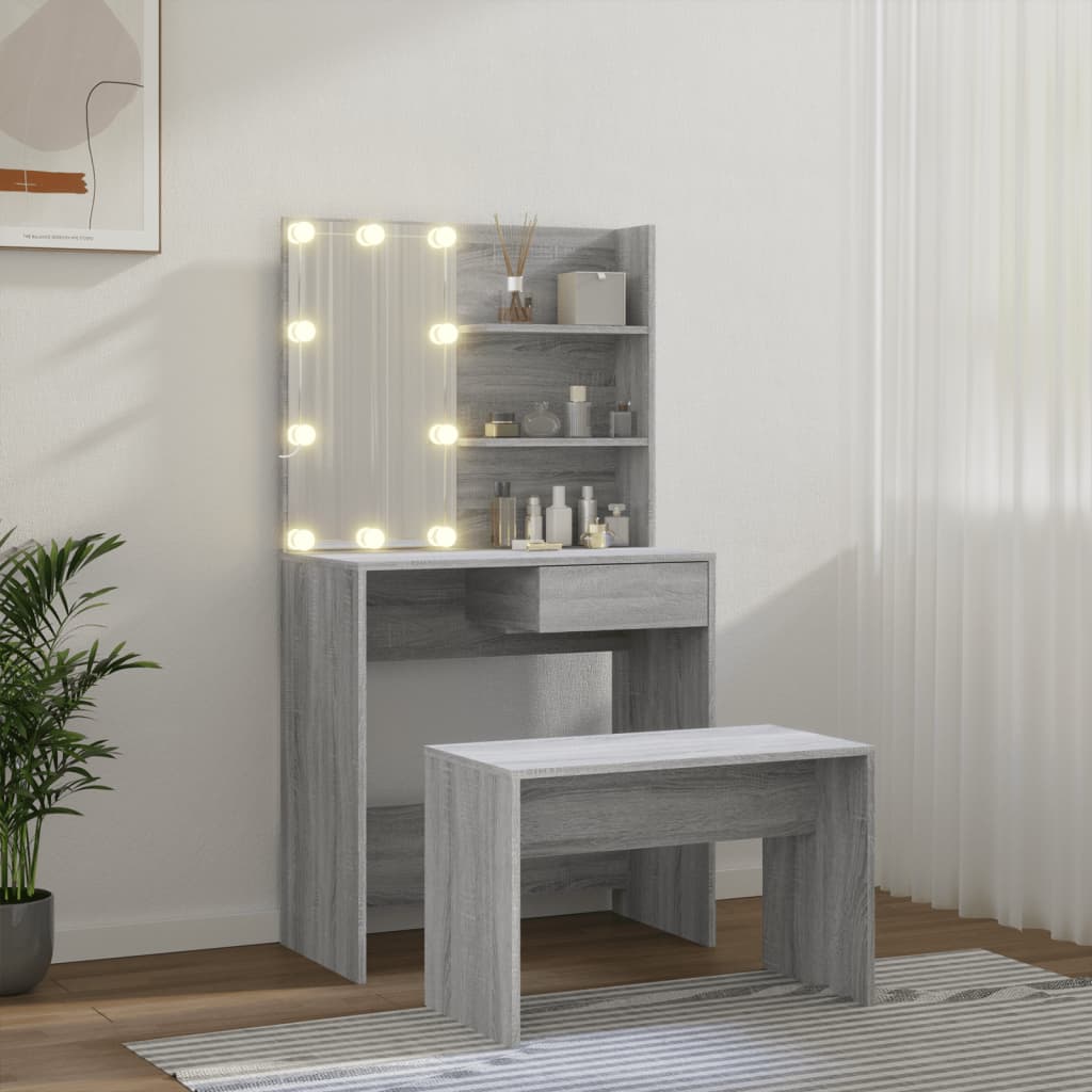 makeupbordssæt med LED-lys konstrueret træ grå sonoma-eg