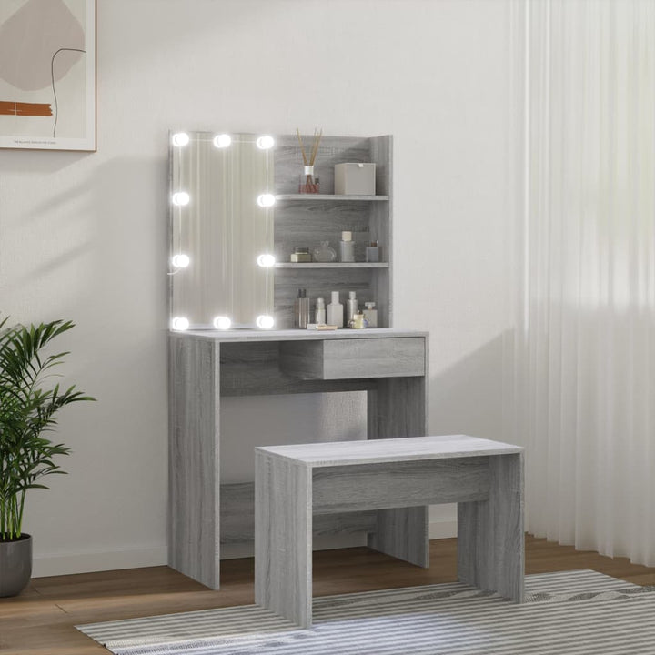makeupbordssæt med LED-lys konstrueret træ grå sonoma-eg