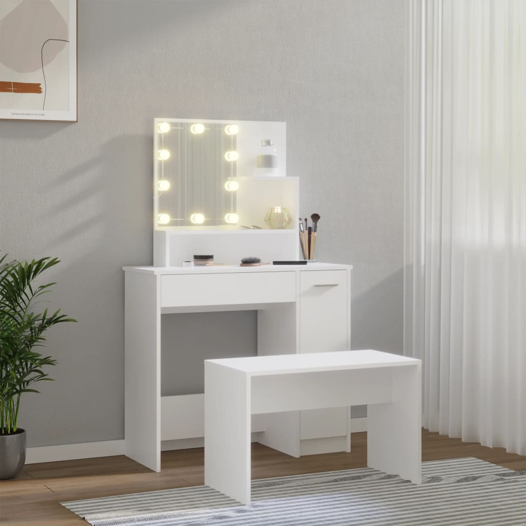 makeupbordssæt med LED-lys konstrueret træ hvid