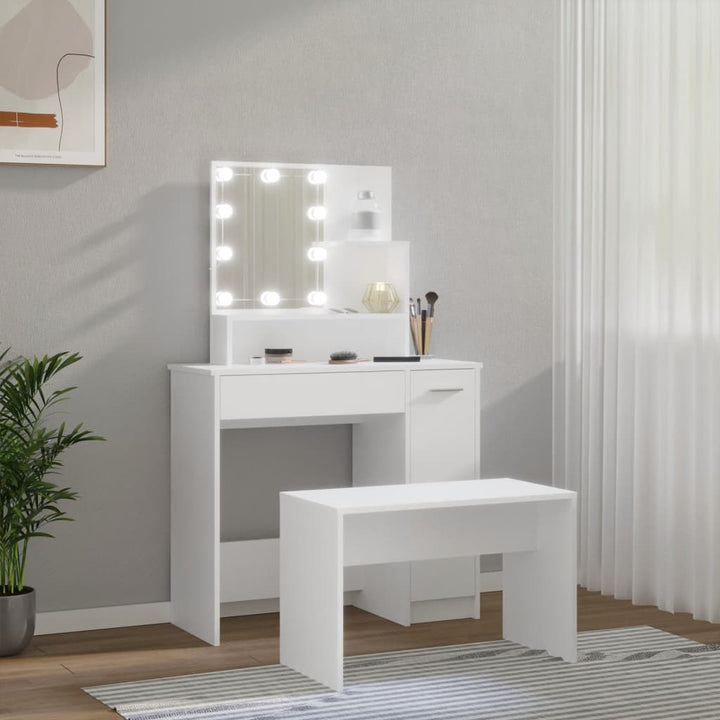 makeupbordssæt med LED-lys konstrueret træ hvid